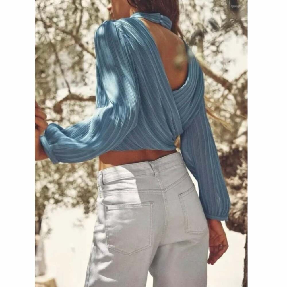 NWOT Zara Blue Pleated Open Back Blouse XS Long Sleeve Draped Twist Neck Top